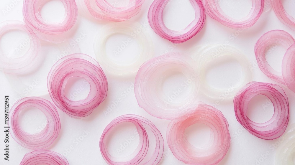 Group of sliced red onions arranged in a random pattern on a white background. the onions are of different sizes and shapes, with some being round and others being thin. Group of sliced red onions arranged in a random pattern on a white background. the onions are of different sizes and shapes, with some being round and others being thin.