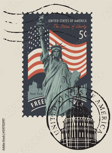 Postage stamp with the Statue of Liberty against the background of the American flag and New York skyscrapers and the inscription "United States of America". Vector illustration of a 5-cent stamp