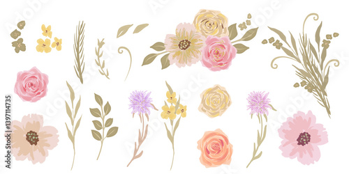 Set of floral elements wildflowers and herbs hand drawn illustration. Greenery brances, roses and wild flowers. Botanical element for card, invitation, textil and print