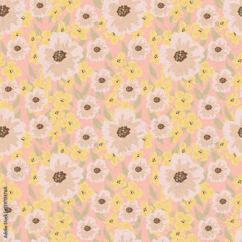 Floral seamless pattern with pink and yellow wild flowers and roses. Retro background with rustic bouquet. Hand drawn botanical illustration in pastel colors