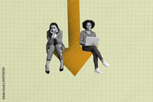 Creative sketch art collage of two happy inexperienced business partners girls colleagues sit arrow recession statistics regress