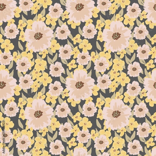 Floral seamless pattern with pink and yellow wild flowers and roses. Retro background with rustic bouquet. Hand drawn botanical illustration in pastel colors