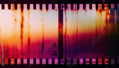 abstract damaged 35mm film strip with vibrant light leaks and color burns ideal for retro art, print, or album design


