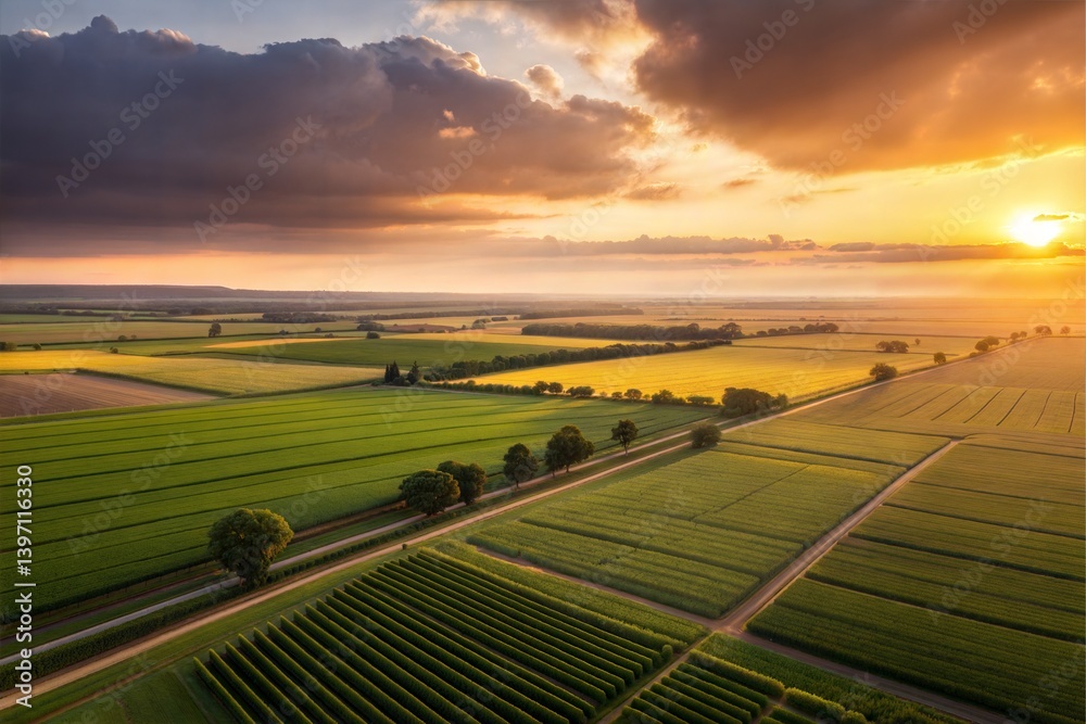 Fototapeta premium Aerial View of Serene Sunset Over Lush Green Farmlands