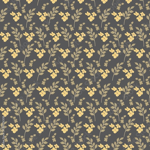 Floral seamless pattern with yellow wild flowers. Retro background with rustic bouquet. Hand drawn botanical illustration in pastel colors