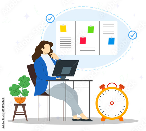 A businesswoman working on computer with project lists on wall board. Deadline job time on work concept. 