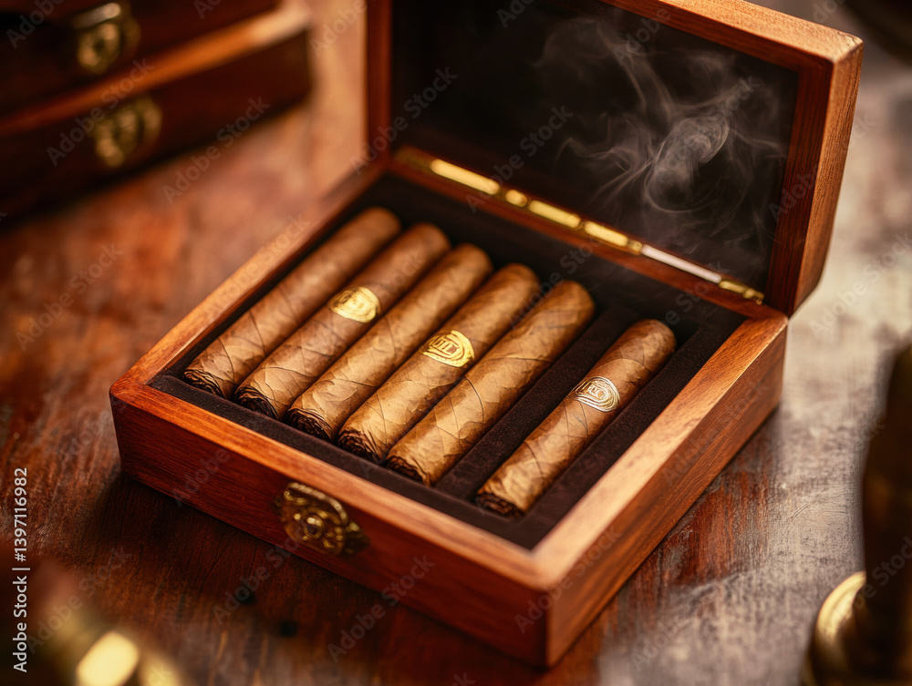 Luxury cigars arranged in an elegant wooden box at a cozy lounge Luxury cigars arranged in an elegant wooden box at a cozy lounge