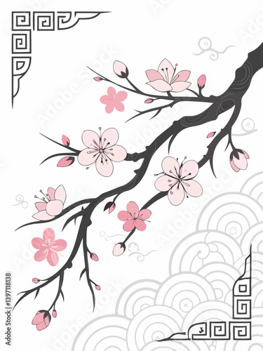 Tranquility Petals Vector, Zen Garden Blossom Scene, Peaceful Sakura Flower Illustration, Japanese-Inspired Floral Clipart, Soft Botanical Art for Spa Branding, Printables, Invitations, and Wall Decor