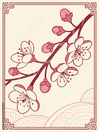 Hidden Garden Sakura Vector, Secret Spring Illustration, Enchanted Cherry Blossom Clipart, Elegant Botanical Design, Soft Japanese Floral Artwork for Printables, Invitations, Wall Decor, and Branding 