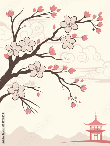 Spring’s Whisper Vector, Delicate Cherry Bloom Line Art, Minimalist Sakura Flower Illustration, Elegant Japanese Botanical Clipart, Soft Floral Design Element for Invitations, Branding, Printables