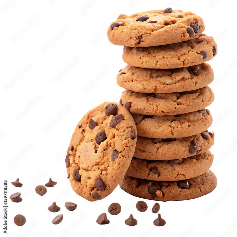tower of delicious chocolate chips cookies isolated on white background, PNG tower of delicious chocolate chips cookies isolated on white background, PNG