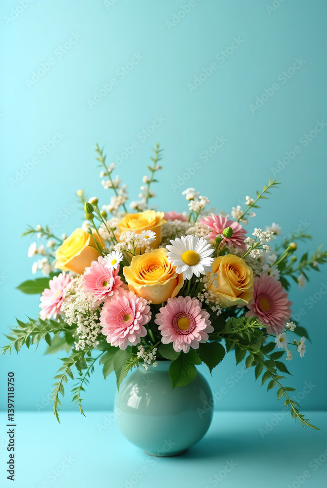 A bouquet of summer flowers on a bright blue background. Bright image. Conveying a feeling of gratitude. A bouquet of summer flowers on a bright blue background. Bright image. Conveying a feeling of gratitude.