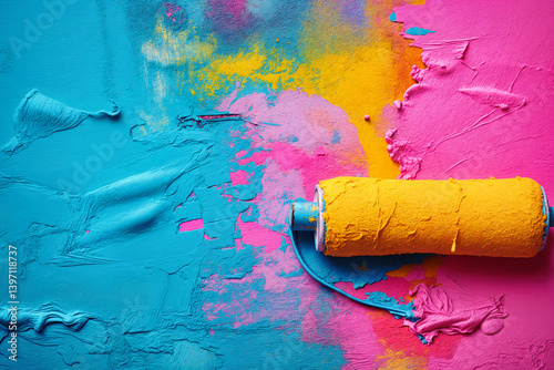 A vibrant scene of bright blue, pink, and yellow paint being applied with a paint roller, creating an abstract and colorful texture on a wall.