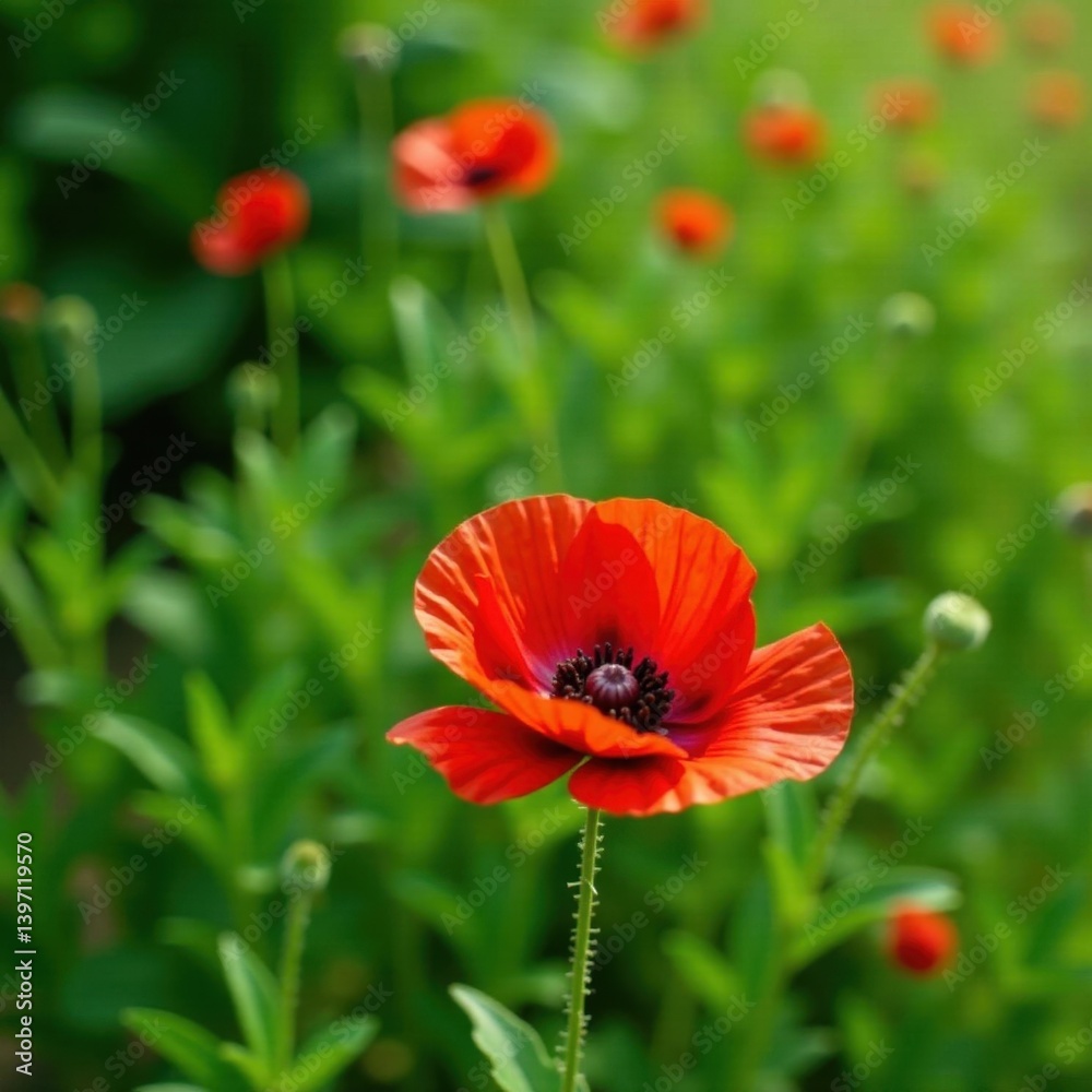 Vibrant red poppy blossom, lush green foliage, poppy, plant, botanical Vibrant red poppy blossom, lush green foliage, poppy, plant, botanical