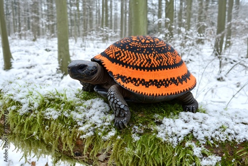 A tortoise wearing an orange and black knitted sweater in a snowy forest. photo