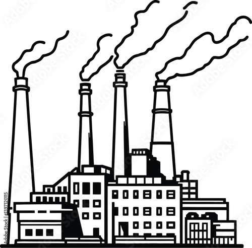 Black and white vector PNG illustration of an industrial factory emitting smoke from multiple smokestacks, representing manufacturing, environmental impact, and urban industry.