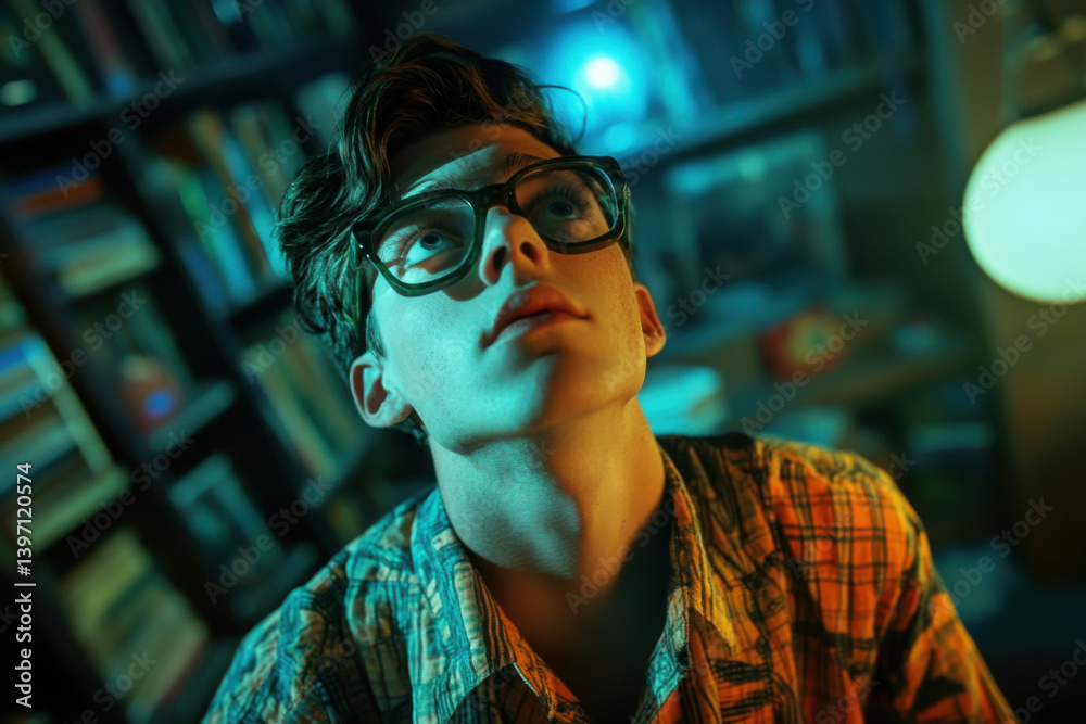 Obraz premium Young man in glasses gazes up thoughtfully in a colorful library setting during evening hours