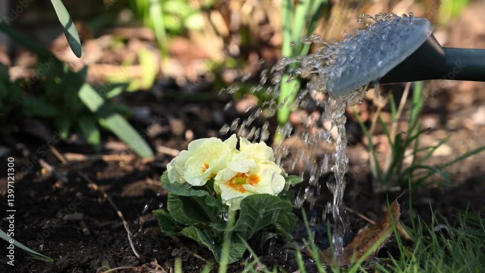 Gardener watering primrose plant into soil, outdoor garden, spring time