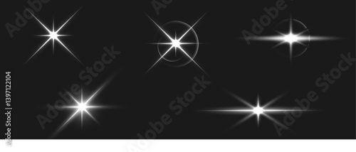 Flash light on black background. Glow Star light sparkle. Vector glow sparkle effect. Abstract lens flare. Flashing lights. Transparent PNG available. Stock royalty free vector.