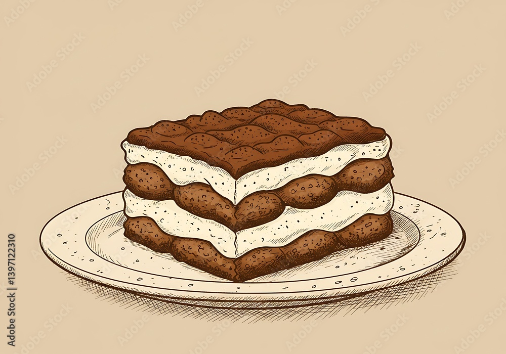 Delicious Tiramisu Slice on Plate Hand Drawn Style Dessert Illustration Delicious Tiramisu Slice on Plate Hand Drawn Style Dessert Illustration