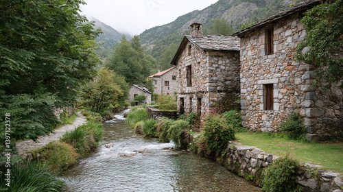 Picturesque Mountain Village by a River