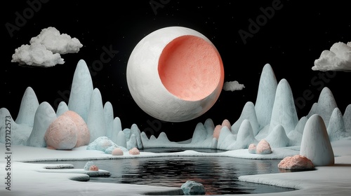 Surreal Pixel Art Night Landscape with Pastel Moon and Mountains
