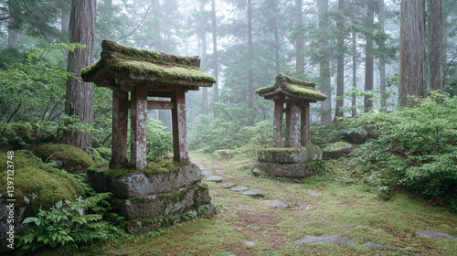 Misty Japanese Shrine Gate in a Lush Forest