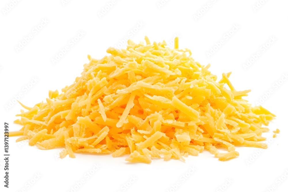 Pile of shredded yellow cheese against a white background. Pile of shredded yellow cheese against a white background.