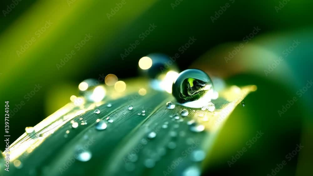 A drop of rain on leaves in the early morning rays.