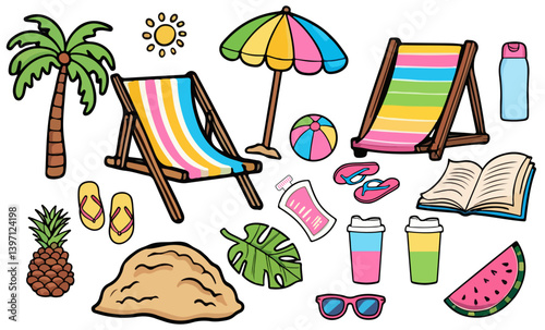 Collection of driving on the beach and summer theme, vacation, sea, four postcards, stickers, summer sale banners.

