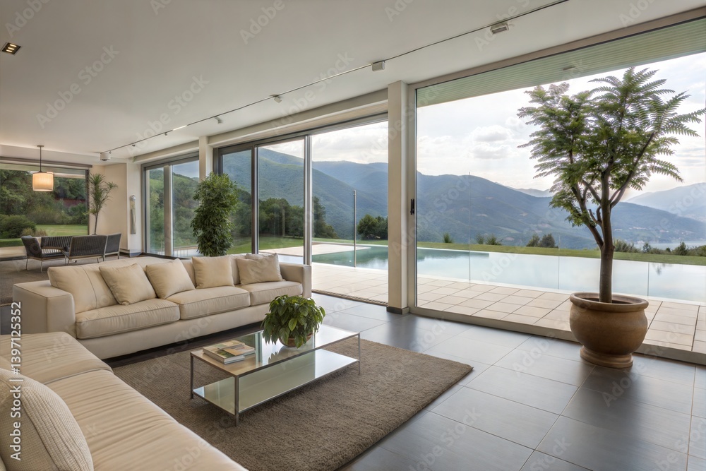 Fototapeta premium Luxury Modern Home Mountain View Infinity Pool Interior Design