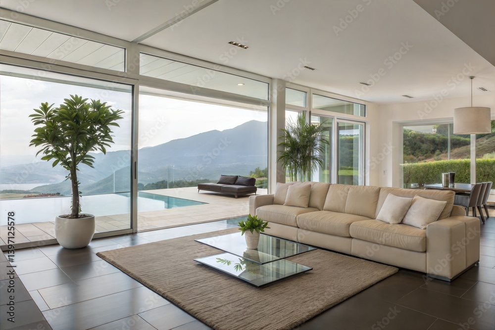 Fototapeta premium Luxury Modern Villa Living Room Mountain View Pool Design