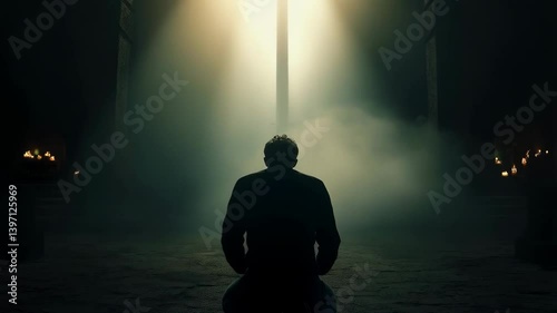 A man kneels in prayer before a large illuminated cross in a dark place.