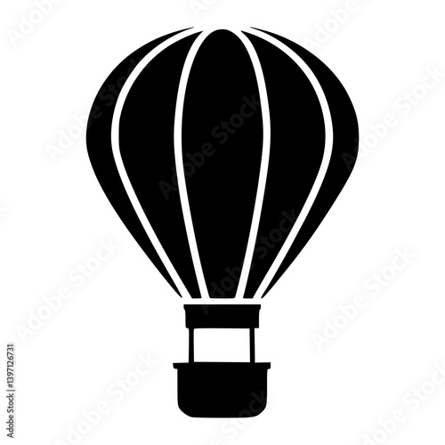  Black Hot Air Balloon Icon Isolated on White Background, Minimalist Travel Symbol for Adventure Graphics, Tourism Apps, Air Transport Concepts, Web Icons, and Logo Designs