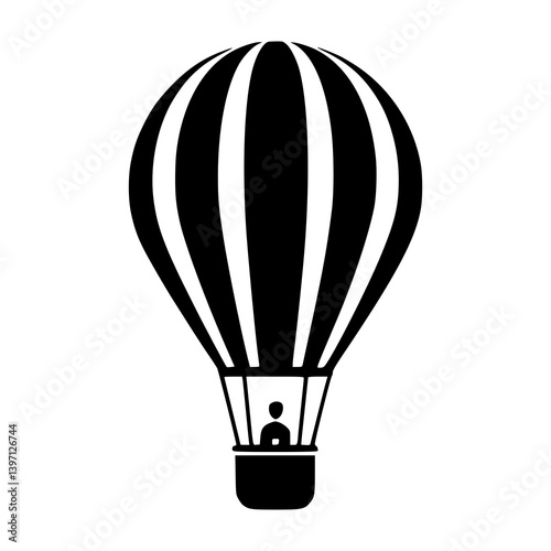  Black Hot Air Balloon Icon Isolated on White Background, Minimalist Travel Symbol for Adventure Graphics, Tourism Apps, Air Transport Concepts, Web Icons, and Logo Designs