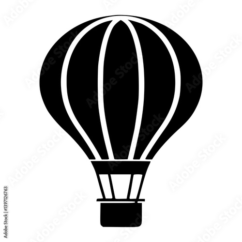  Black Hot Air Balloon Icon Isolated on White Background, Minimalist Travel Symbol for Adventure Graphics, Tourism Apps, Air Transport Concepts, Web Icons, and Logo Designs