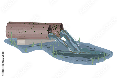 Wastewater and sewer pipe isolated on white background. Dirty water flowing from tube. Industrial pipe releases toxic waste. Industrial drain. Ecological disaster, dirty toxic effluents, environmental