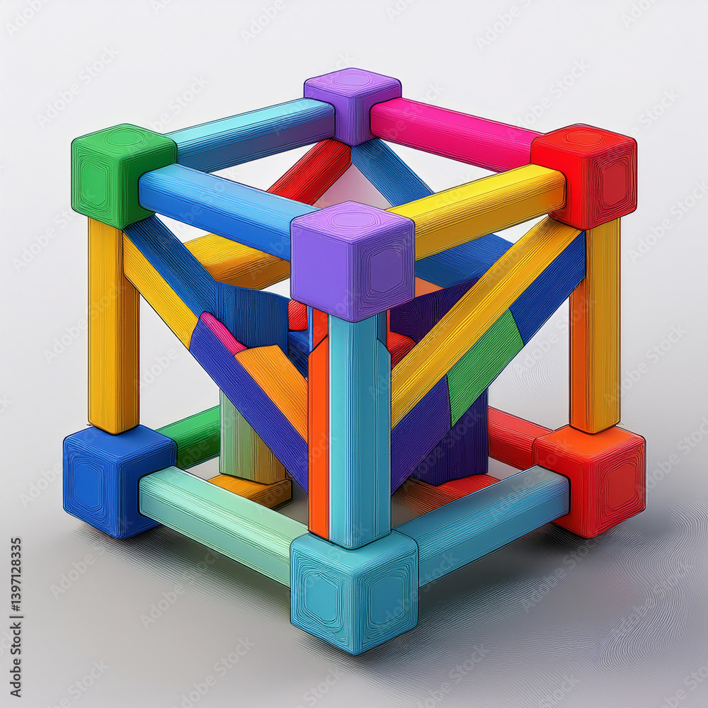 interlocking blocks, 3D cube puzzle, glossy surfaces, modern design, abstract geometry, digital rendering, futuristic style, isometric perspective, soft lighting, structural design, playful form interlocking blocks, 3D cube puzzle, glossy surfaces, modern design, abstract geometry, digital rendering, futuristic style, isometric perspective, soft lighting, structural design, playful form