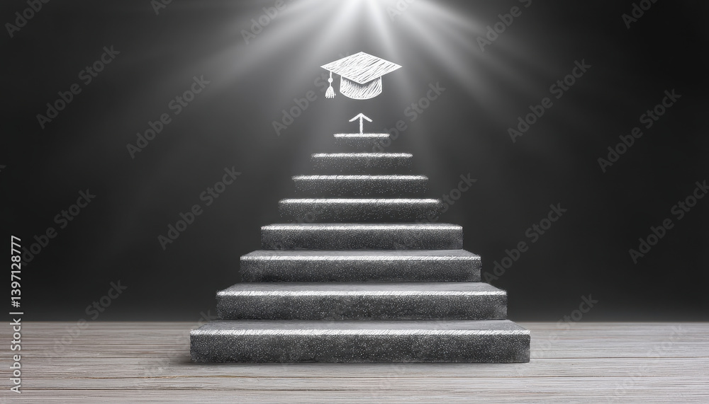 Fototapeta premium Steps leading upward with graduation cap symbolizing achievement and success. light rays create inspiring atmosphere, encouraging progress