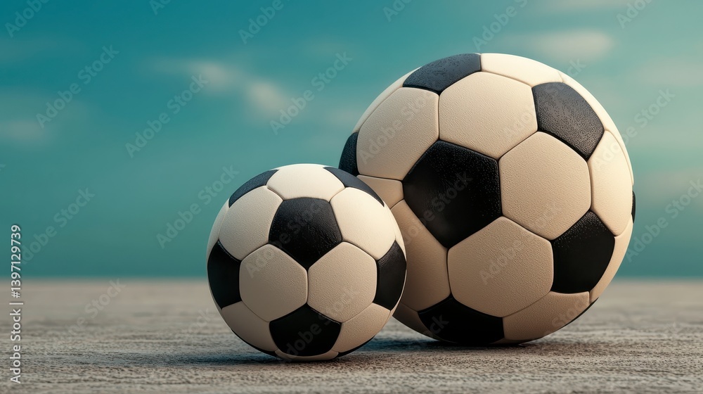 Fototapeta premium Two Textured Soccer Balls on Sandy Beach Under a Softly Lit Sky