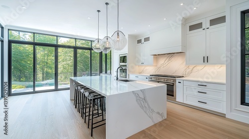 Minimalist white kitchen with marble countertops bathed in morning light  embodying serene Scandinavian elegance