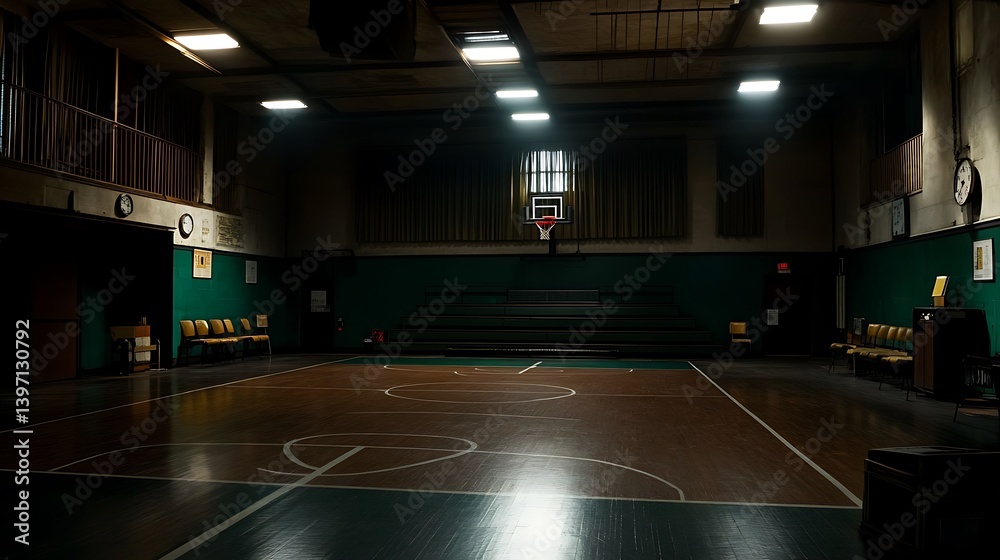 Fototapeta premium Abandoned Gym Nostalgic Basketball Court at Night.