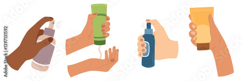 Hands holding tubes and sprays. Body care lotion and cream. Vector illustration in a flat style
