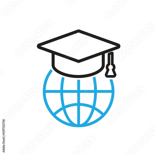 graduation icon. graduation cap toga vector with globe. explaining education, learning outcomes, bachelor. for events, celebrations, flyers. Line design style