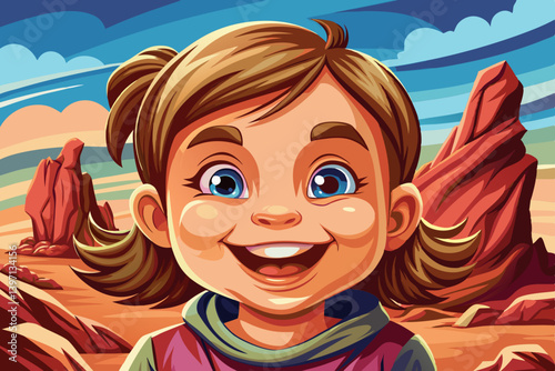Cheerful little girl with charming smile and hearty laugh on mysterious land under a strange colored sky, kid banner