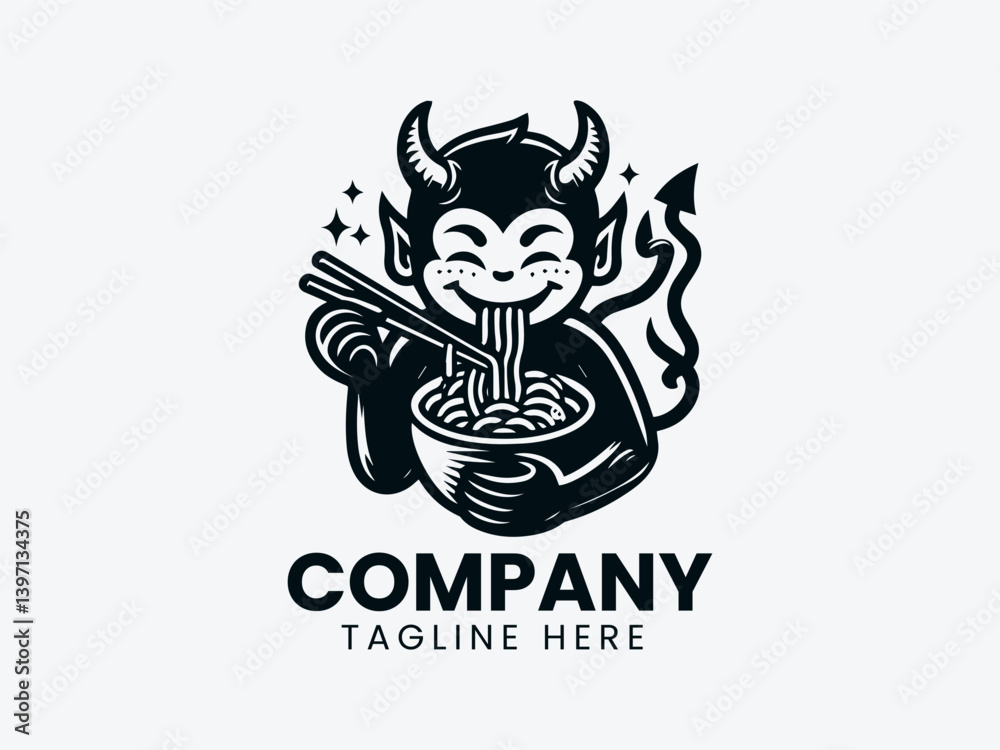 Spicy Devil Noodles Logo, Funny Devil Eating Spicy Food Logo, Devil Enjoying Spicy Noodles Chopsticks Spicy Food Vector Logo Design Spicy Devil Noodles Logo, Funny Devil Eating Spicy Food Logo, Devil Enjoying Spicy Noodles Chopsticks Spicy Food Vector Logo Design