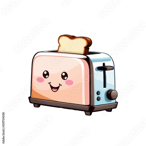Cute cartoon toaster with smiling face and a slice of bread popping up in a colorful kitchen setting