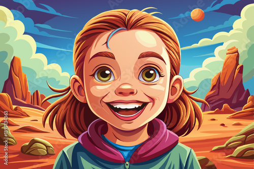 Cheerful little girl with charming smile and hearty laugh on mysterious land under a strange colored sky, kid banner