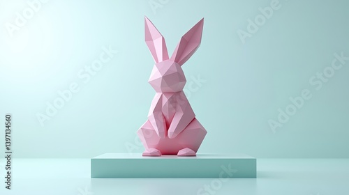 A cute, mellow-shaped pastel rabbit in flat color blocks with simple geometric outlines, against a clean, light green background.