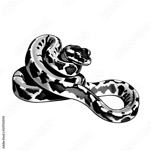 Black and white illustration of a curled snake with distinct patterns in a natural pose